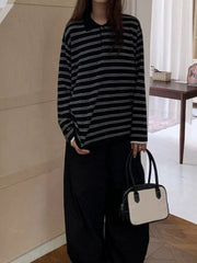 Women's Retro Color-Block Striped Polo Collar Long Sleeve Knit Top