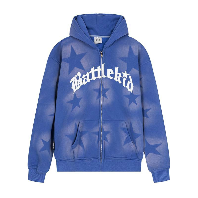 Oversized Star Print Zip Up Hoodie - fairypeony