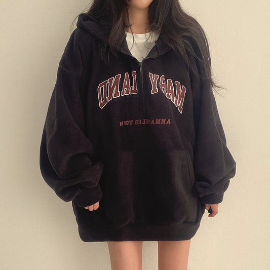 Vintage Embroidery Letter Half Zip Up Hoodie