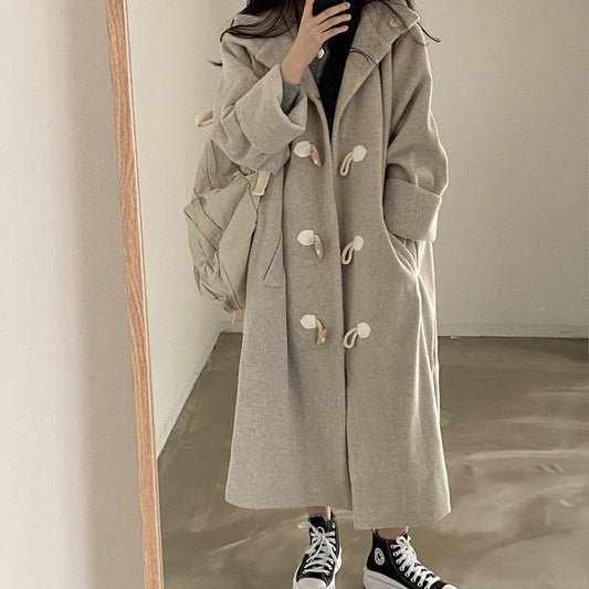 Vintage Horn Button Hooded Maxi Coat