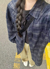 90s Retro Plaid Print Oversized Blouse