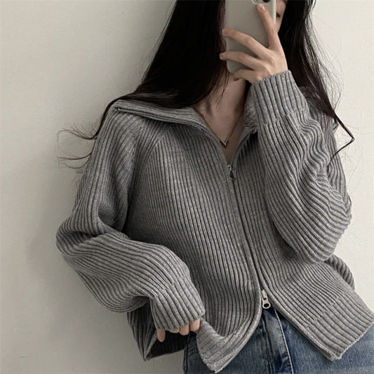 Solid Color Knitted Zip Up Oversized Cardigan