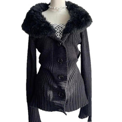Women's knitted cardigan with a fur collar