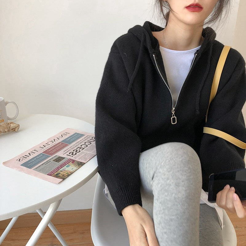 Solid Color Zip Up Oversized Hooded Cardigan - fairypeony