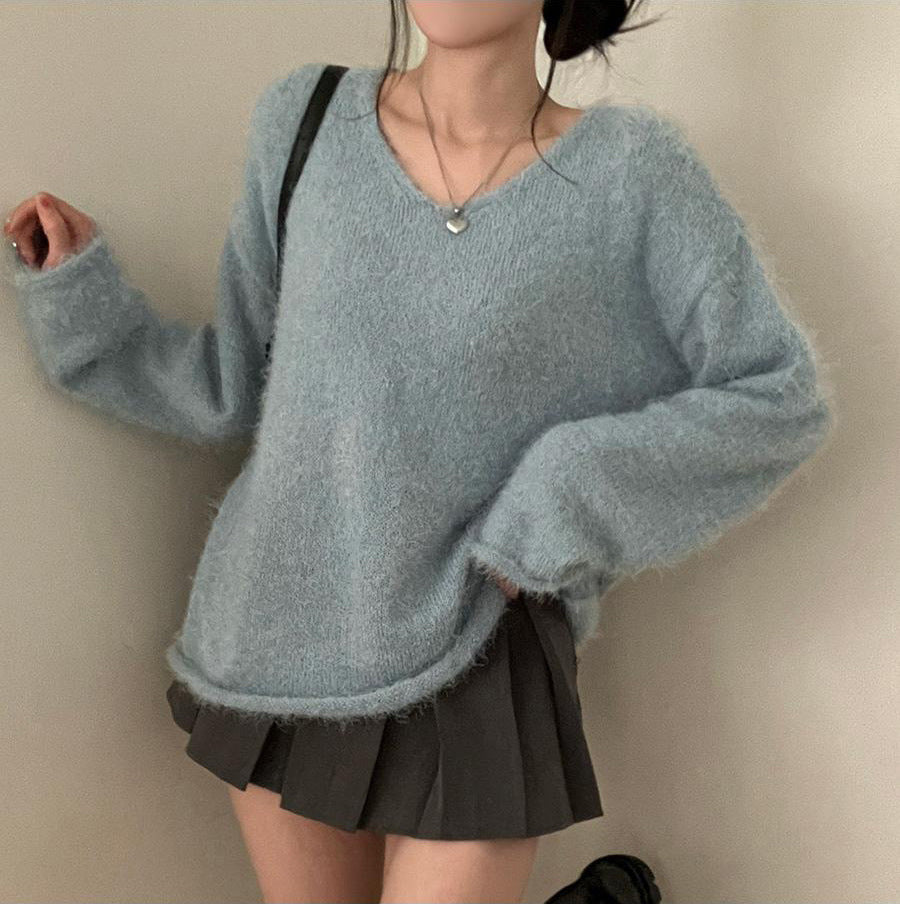 Solid Color V-Neck Fuzzy Sweater