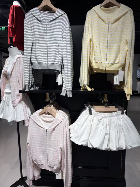 2000s Striped Hooded Knit Cardigan – Lightweight Zip-Up Sweater in Pink, Gray & Yellow, One Size