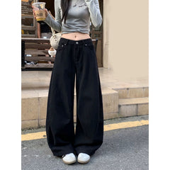 Black Wide-Leg Jeans High Waist Banana Curved Cut Loose Denim Trousers