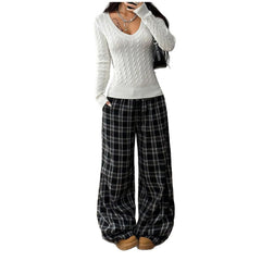 Women's Slim Fit Cable Knit Pullover Sweater V-Neck Long Sleeve