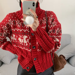 Vintage Print Stand Collar Button Cardigan