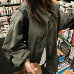 Vintage Stand Collar Long Sleeve Zipper Jacket