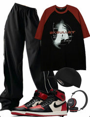 Vintage Print Raglan Short Sleeve Tee + Piping Detail Wide Leg Track Pants