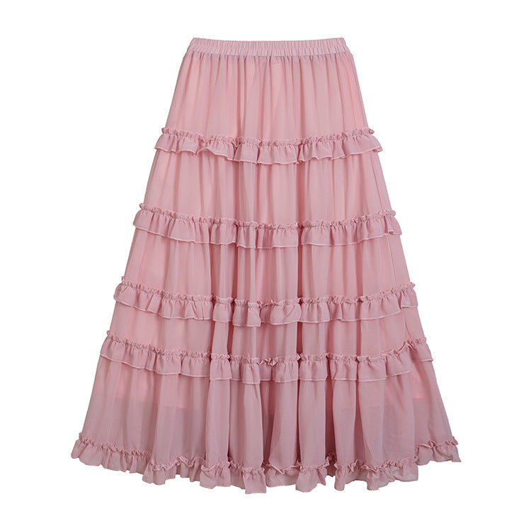 French Ruffled Flared Chiffon Maxi Skirt - fairypeony