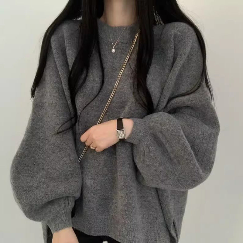Round Neck Solid Color Oversized Sweater - fairypeony