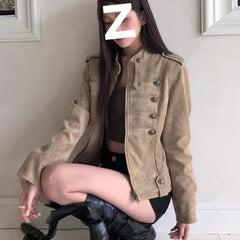 Suede Stand-Up Collar Short Jacket – Loose Fit Coat with Metal Buttons
