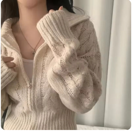 Solid Color Cable Knit Zip Up Cardigan