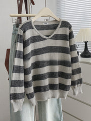 Korean version V-neck color-block striped loose knit sweater