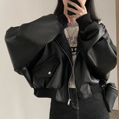 Fake Two-piece Pu Leather Hooded Jacket