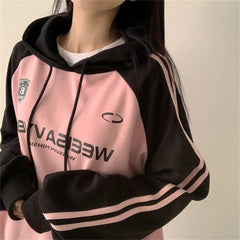 Vintage Logo Print Raglan Striped Sleeve Hoodie