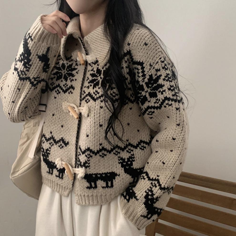 Aesthetic Snowflake Horn Button Knitted Cardigan - fairypeony
