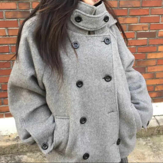 Double-Breasted Hooded Coat – Korean Style Loose Woolen Lapel Winter Coat