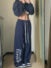 Navy Blue Printed Baggy Sweatpants - fairypeony