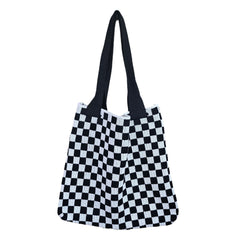 Aesthetic Checkered Print Knitted Tote Bag