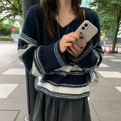 Vintage Fuzzy V-Neck Striped Sweater