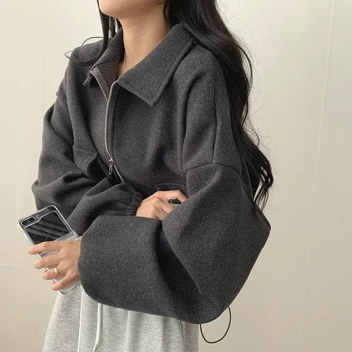 Solid Color Loose Double Pocket Wool Jacket - fairypeony
