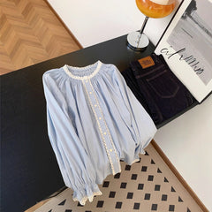 Korean Style Ruffled Patchwork Blouse - fairypeony