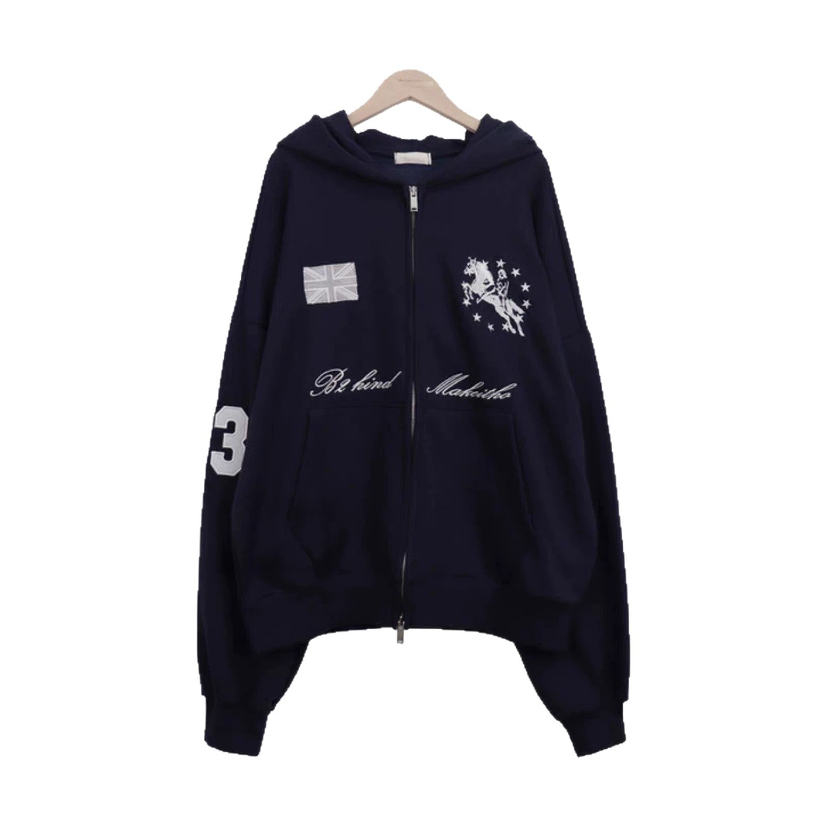 Embroidered oversized zip-up hoodie in navy blue on hanger