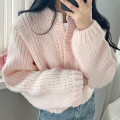 Round Neck Lantern Sleeve Knitted Cardigan