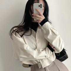 Dark Academia Solid Color Crop Long Sleeve Blouse