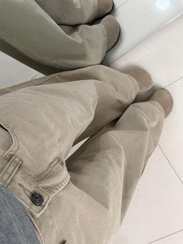 Khaki wide-leg jeans, four-way stretch fabric detail