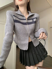 Vintage Striped Zip Up Cropped Cardigan - fairypeony