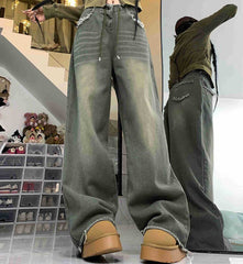 Vintage Wash Drawstring Raw Trim Boyfriend Jeans