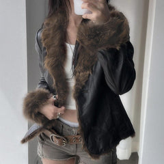 Womens Faux Fur Collar Leather Jacket
