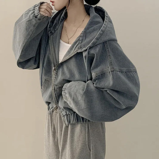 Vintage Denim Zip Up Hooded Loose Jacket