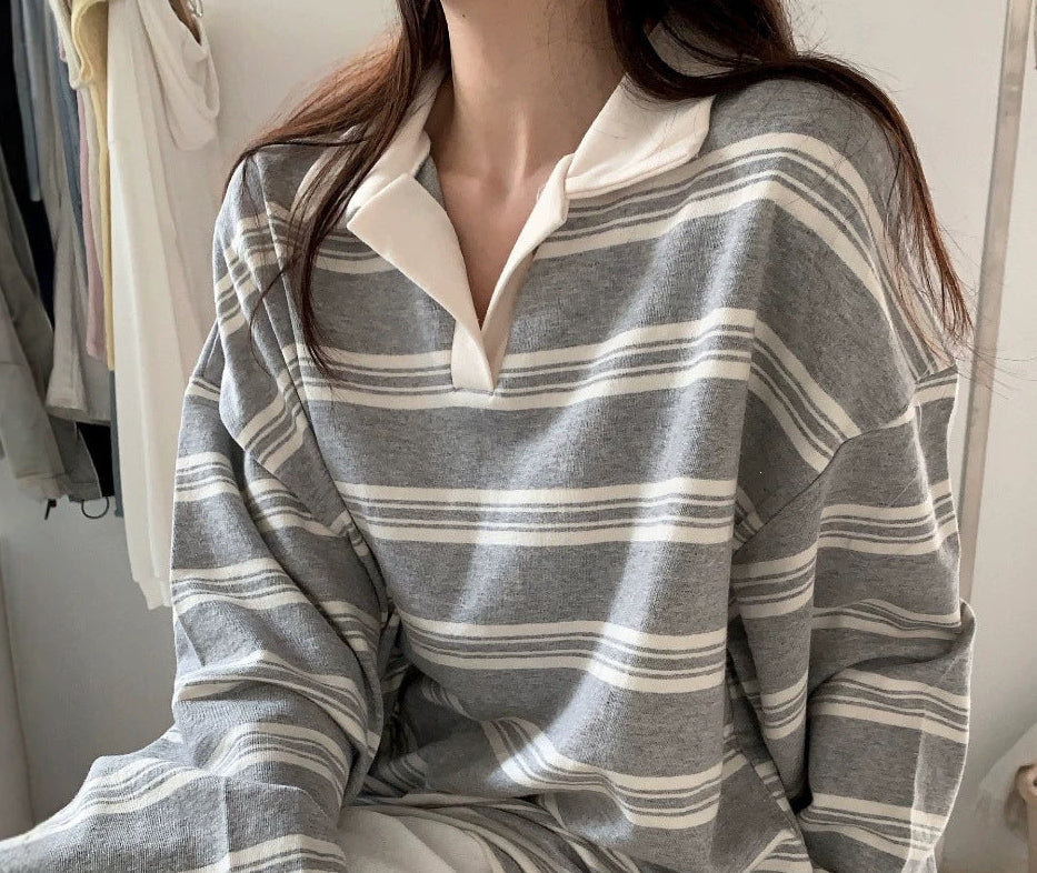 Striped polo collar shirt in Gray, front view