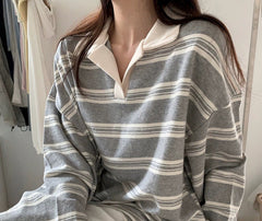 Striped polo collar shirt in Gray, front view