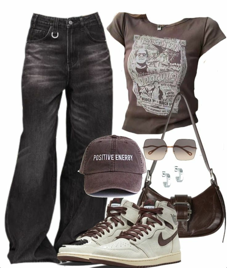 Dracula T-shirt + Baggy Boyfriend Jeans +Pu Leather Shoulder Bag