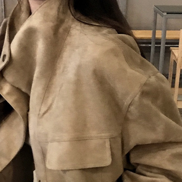 Stand collar loose suede-touch short jacket in khaki, pocket detail