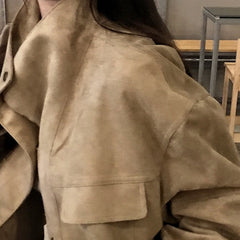 Stand collar loose suede-touch short jacket in khaki, pocket detail