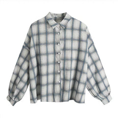 Checkered Puff Sleeve Button Blouse