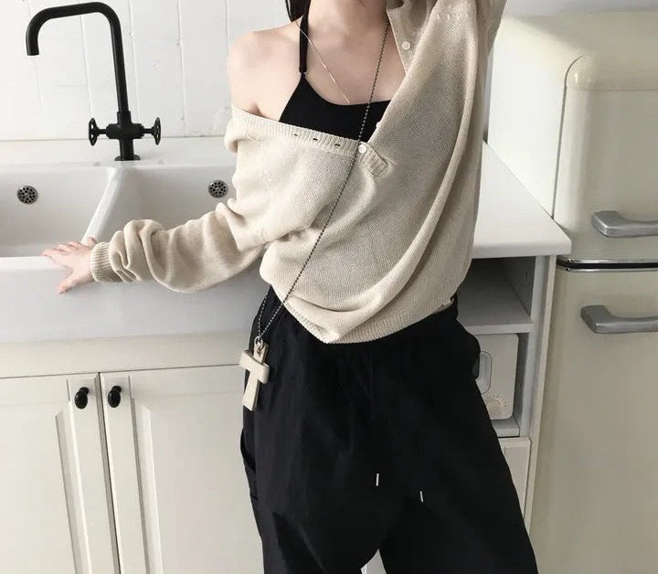 V-neck button knit top in Light brown