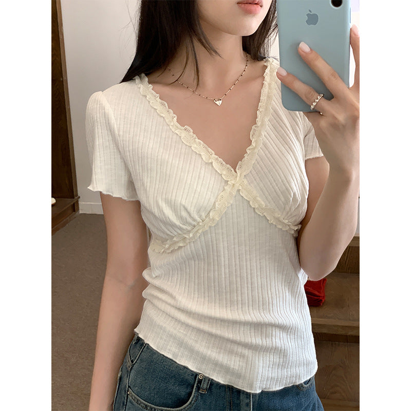 Lace Trim V Neck Slim Short Sleeve Tee