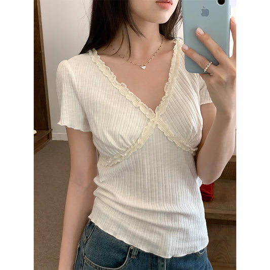 Lace Trim V Neck Slim Short Sleeve Tee