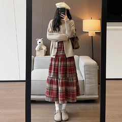 High-Waist A-Line Brushed Plaid Mid-Length Cake Skirt
