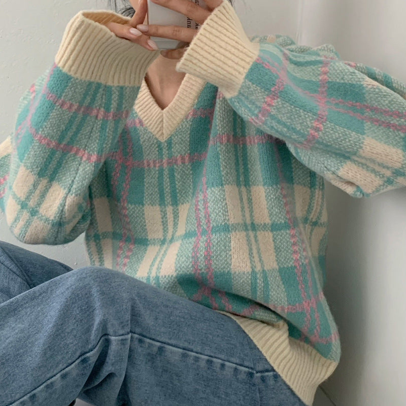 Vintage Plaid Striped V-Neck Pullover Sweater