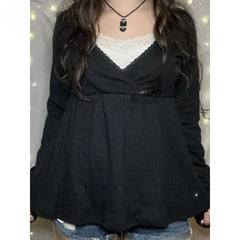 2000s Lace Patchwork Cross-Collar Babydoll Top – Wrap V-Neck in White Gray Black S–L