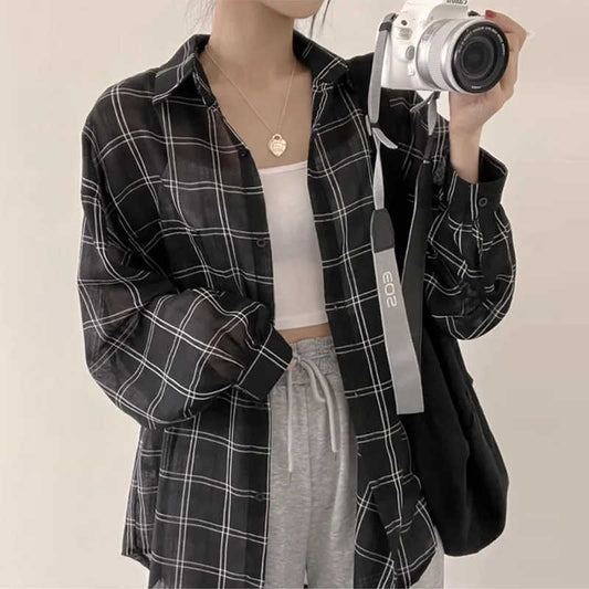 Plaid Print Thin Long Sleeve Blouse